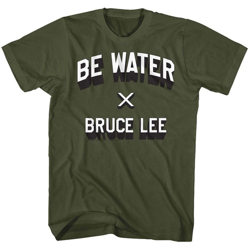 Military green Bruce Lee t-shirt featuring Bruce Lee Be Water philosophy design