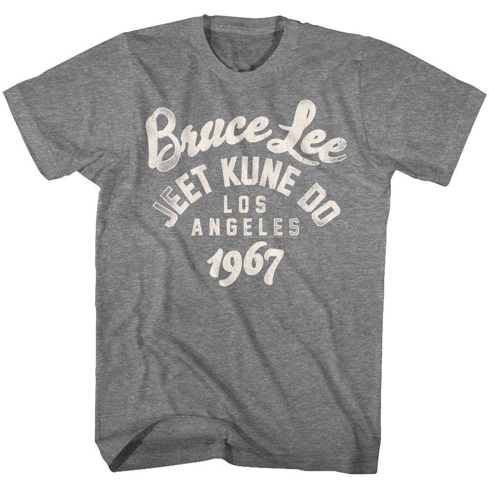 Graphite heather Bruce Lee t-shirt featuring Bruce Lee Be Water 1967 Jeet Kune Do founding design