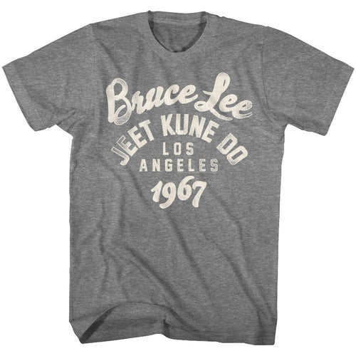 Graphite heather Bruce Lee t-shirt featuring Bruce Lee Be Water 1967 Jeet Kune Do founding design