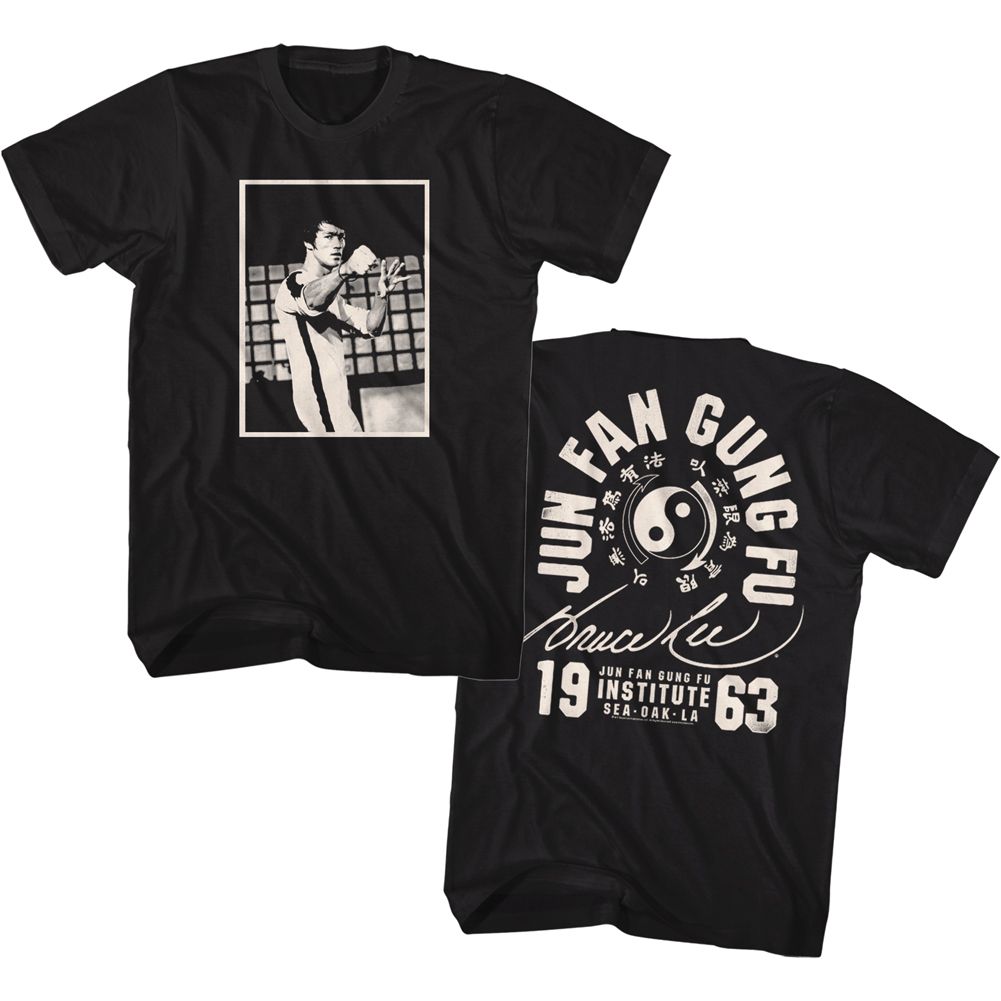 Black Bruce Lee t-shirt featuring Bruce Lee Jun Fan Gung Fu Institute Seattle 1959 design