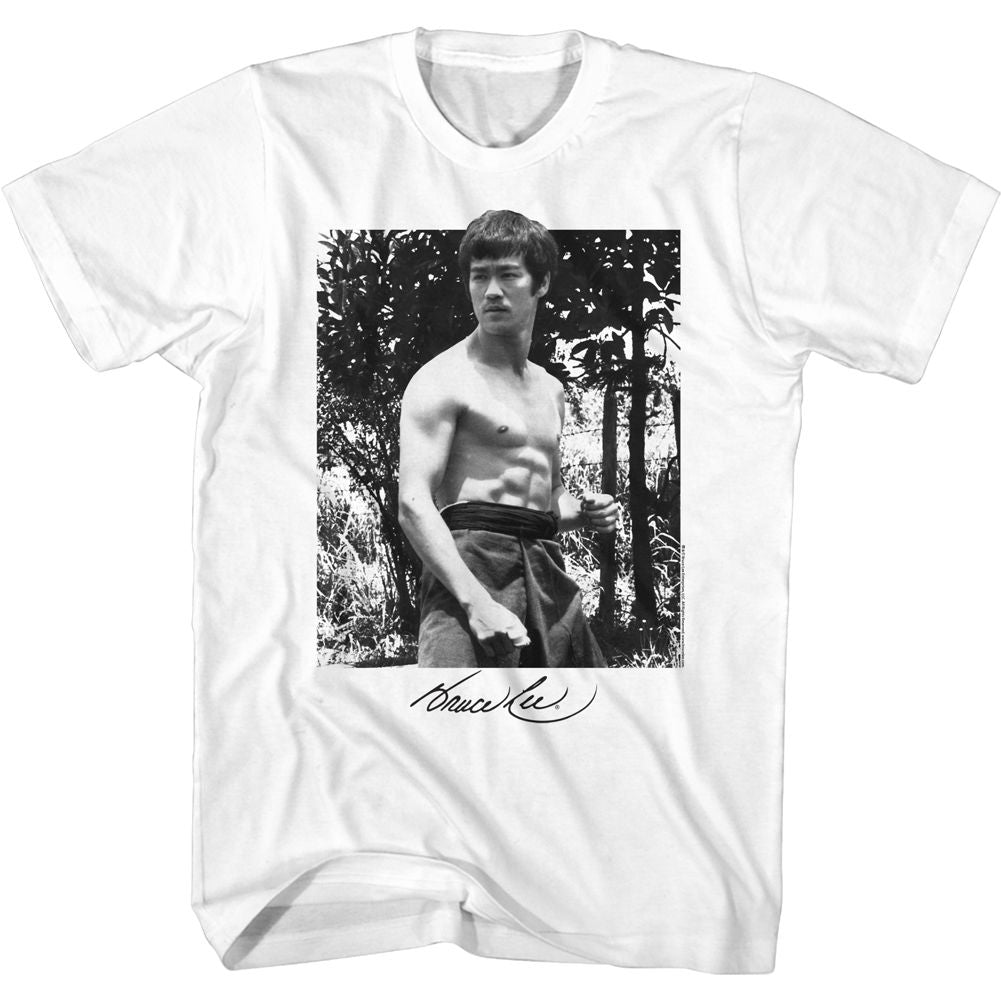 White Bruce Lee t-shirt featuring Bruce Lee Black And White photograph design
