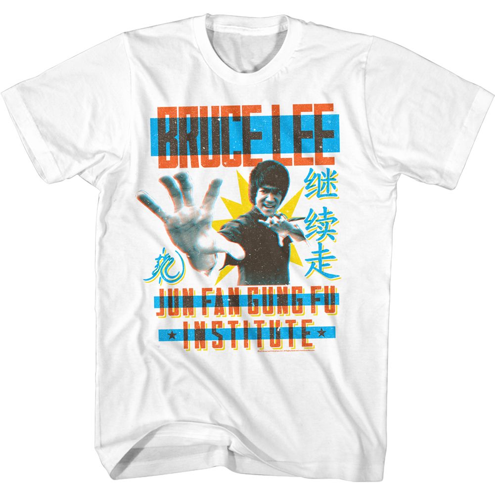 White Bruce Lee t-shirt featuring Bruce Lee Poster Primaries martial arts design