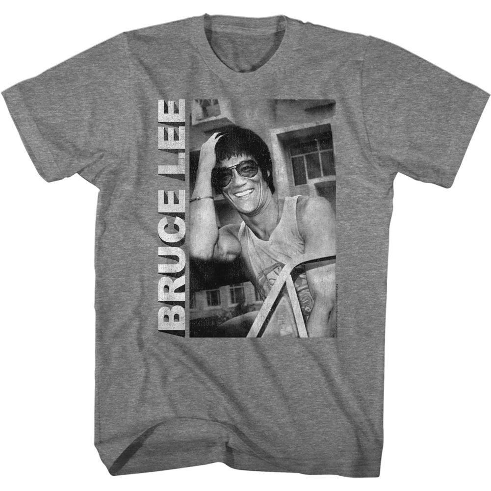 Graphite heather Bruce Lee t-shirt featuring Bruce Lee Casual Smiling 2 martial arts design
