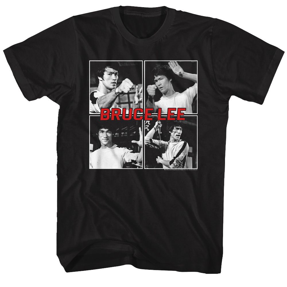 Black Bruce Lee t-shirt featuring Bruce Lee Four Squares grid portrait design