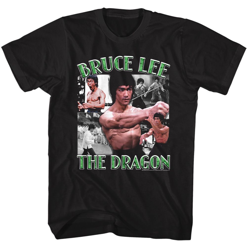 Black Bruce Lee t-shirt featuring Bruce Lee The Dragon collage design