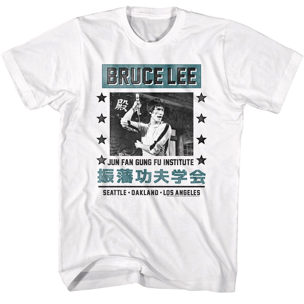 White Bruce Lee t-shirt featuring Bruce Lee Jun Fan Gung Fu Institute martial arts design