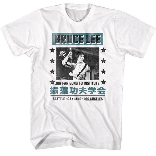White Bruce Lee t-shirt featuring Bruce Lee Jun Fan Gung Fu Institute martial arts design