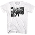 White Bruce Lee t-shirt featuring Bruce Lee Staff Fight bo staff design