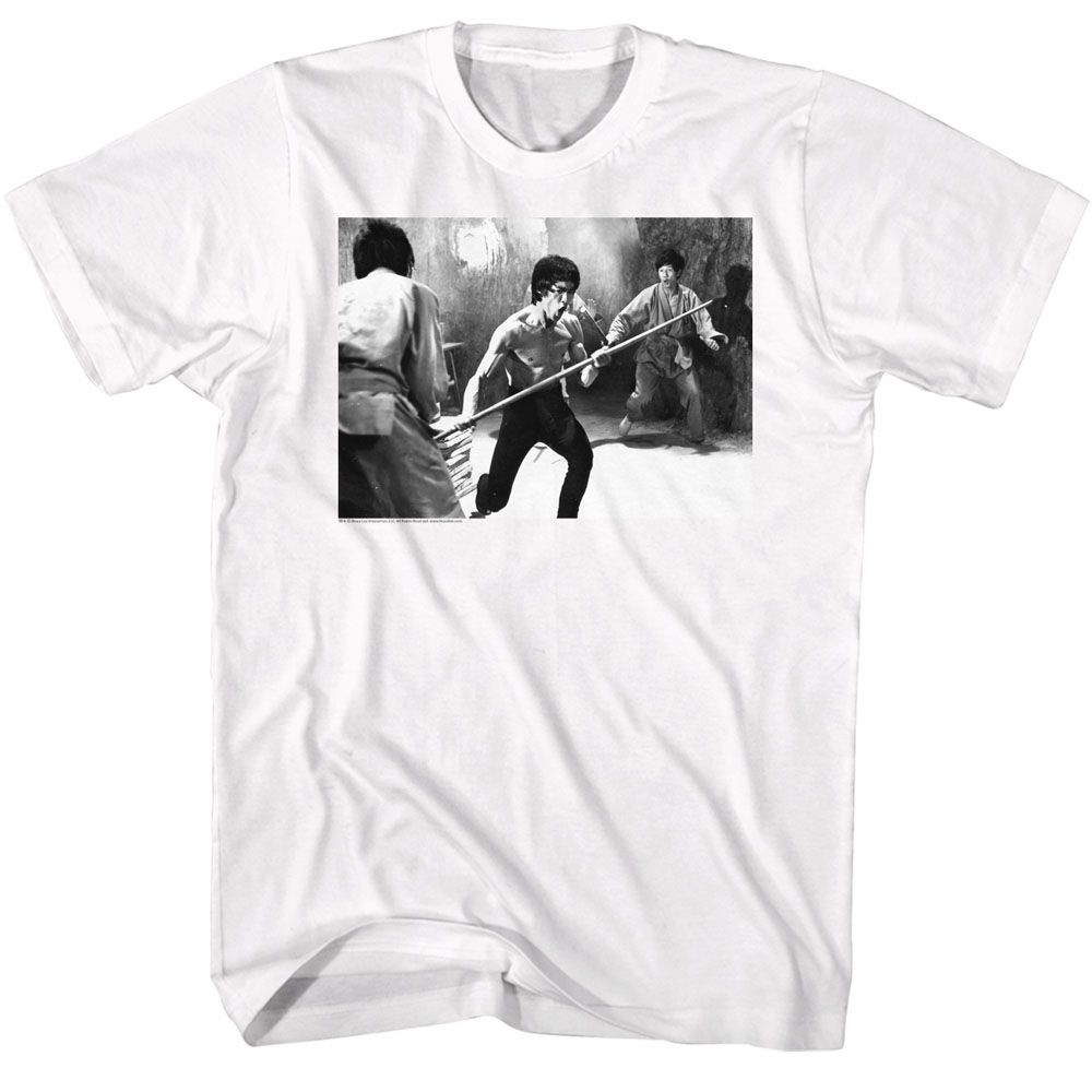 White Bruce Lee t-shirt featuring Bruce Lee Staff Fight bo staff design