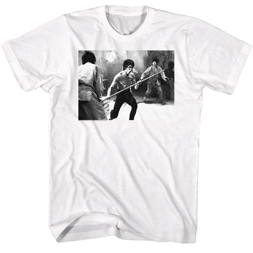 White Bruce Lee t-shirt featuring Bruce Lee Staff Fight bo staff design