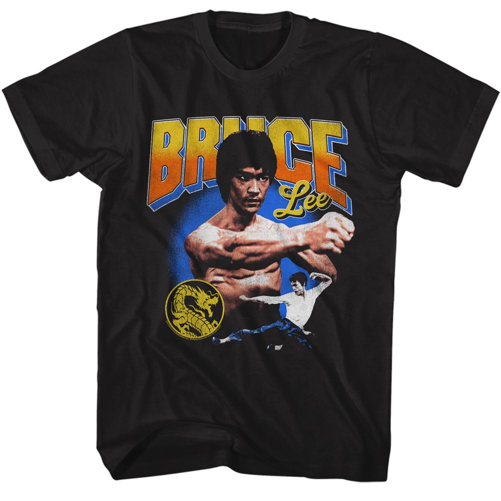 Black Bruce Lee t-shirt featuring Bruce Lee Gradient Text typography design