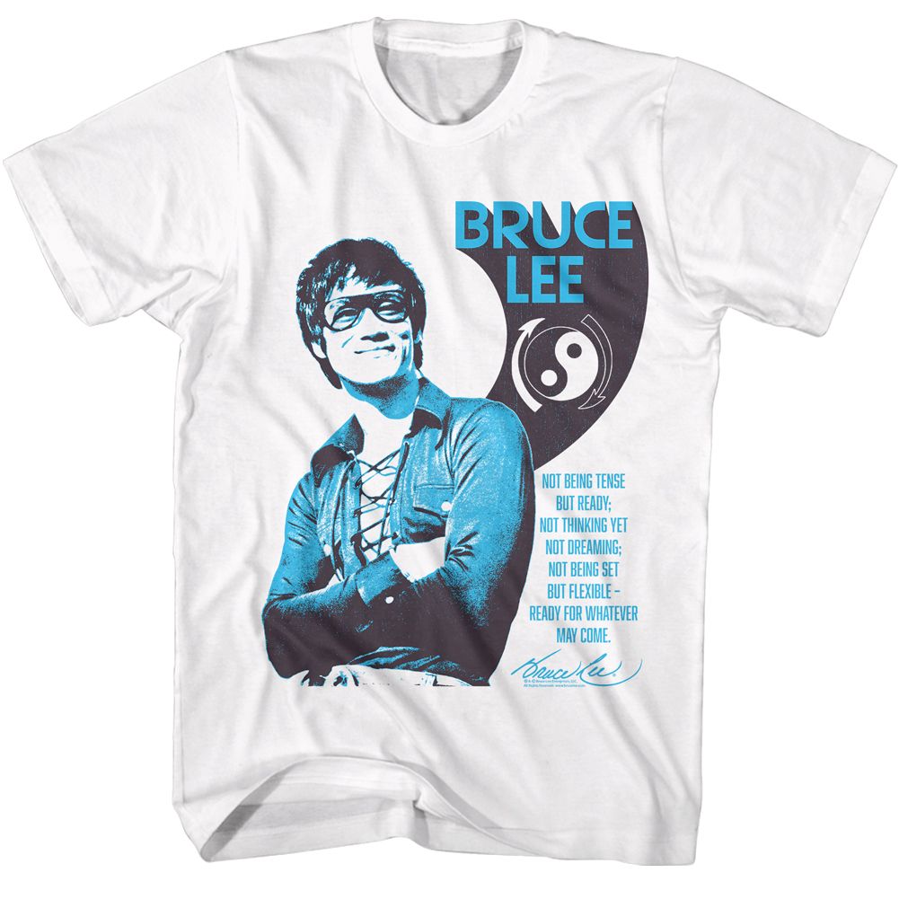 White Bruce Lee t-shirt featuring Bruce Lee Ready fighting stance design