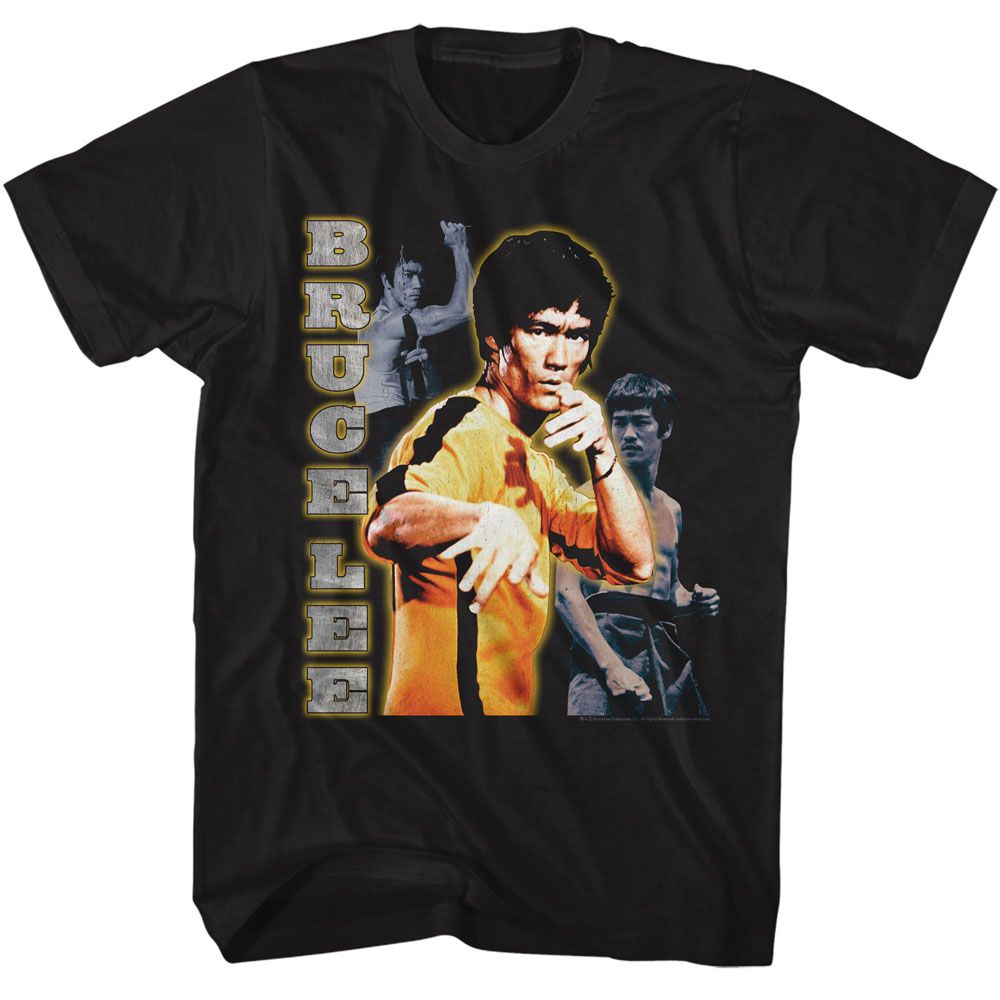 Black Bruce Lee t-shirt featuring Bruce Lee Multi Photo Vertical Text martial arts design