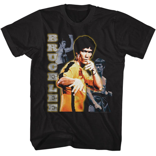 Black Bruce Lee t-shirt featuring Bruce Lee Multi Photo Vertical Text martial arts design