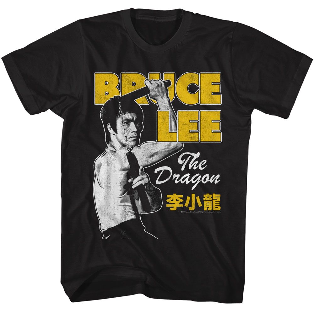 Black Bruce Lee t-shirt featuring Bruce Lee Nunchuck Pose design