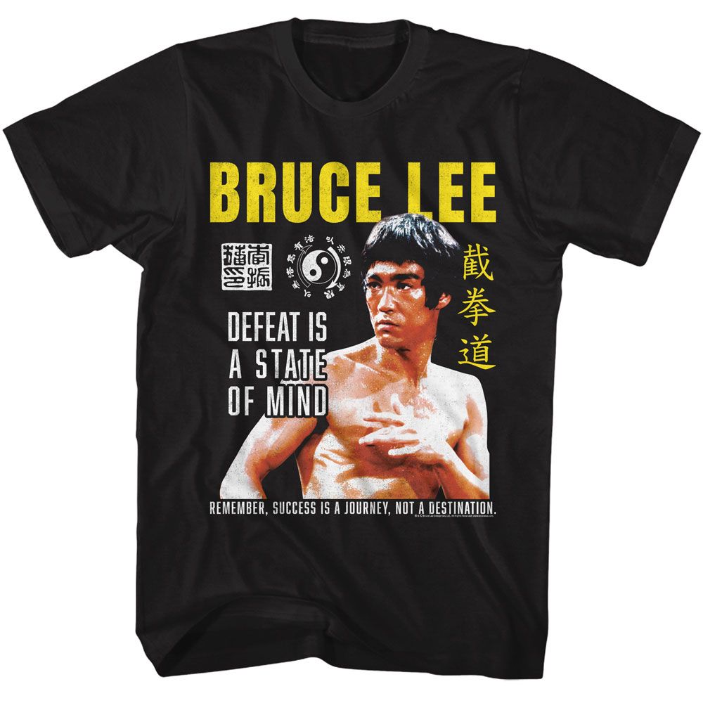 Black Bruce Lee t-shirt featuring Bruce Lee Defeat Is A State Of Mind quote design