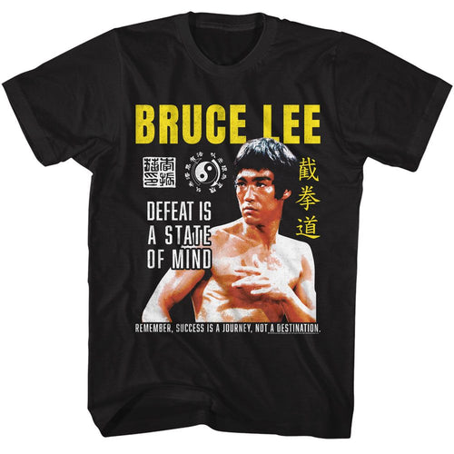 Black Bruce Lee t-shirt featuring Bruce Lee Defeat Is A State Of Mind quote design