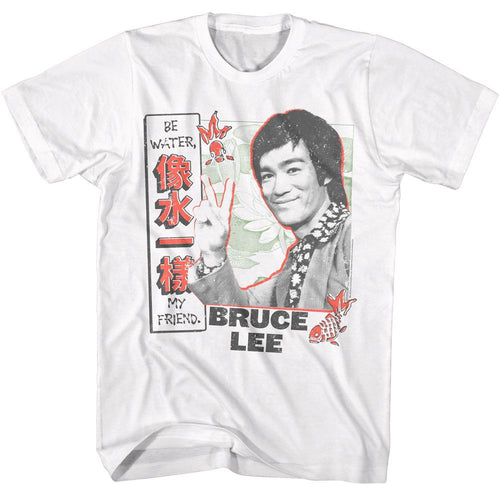 White Bruce Lee t-shirt featuring Bruce Lee Be Water Pond Scene design