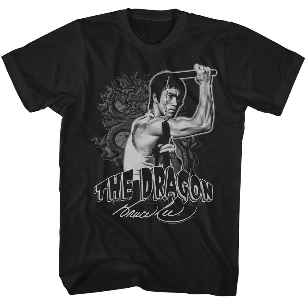 Black Bruce Lee t-shirt featuring Bruce Lee Dragon And Nunchucks martial arts design
