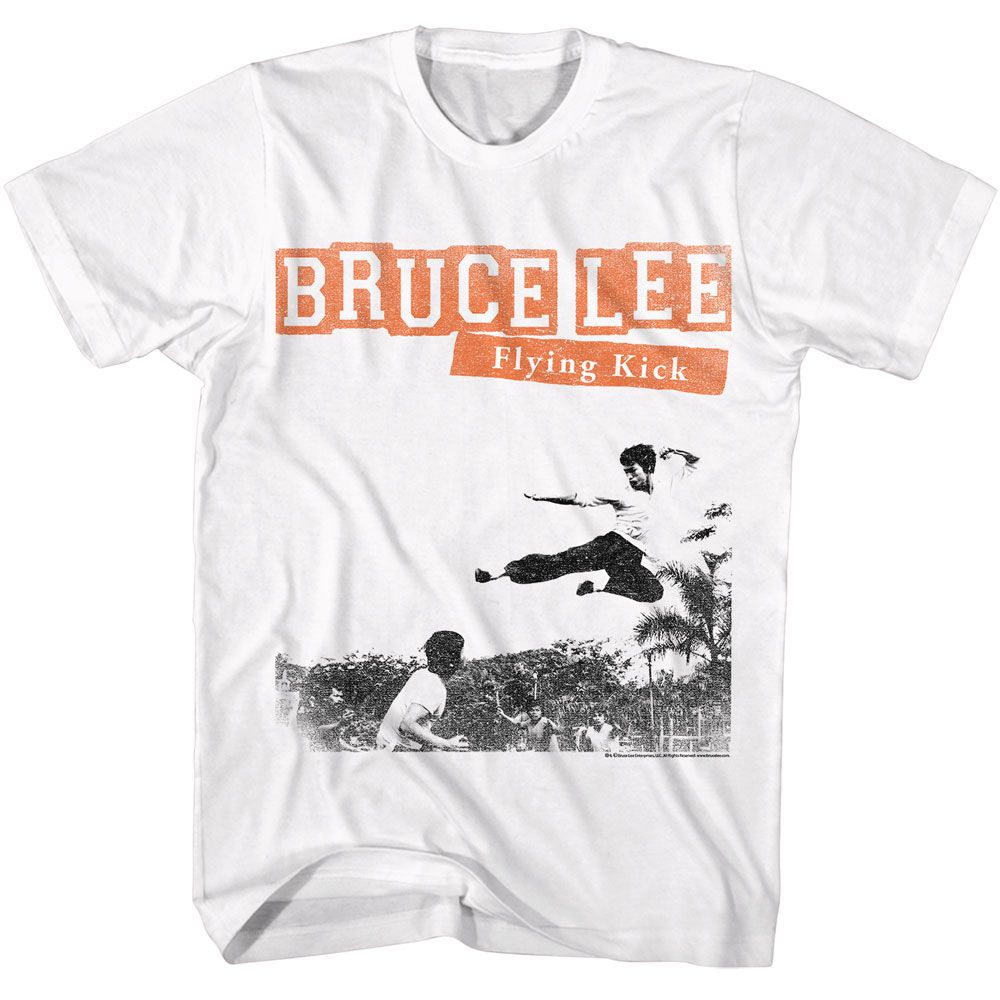 White Bruce Lee t-shirt featuring Bruce Lee Flying Kick mid-air design