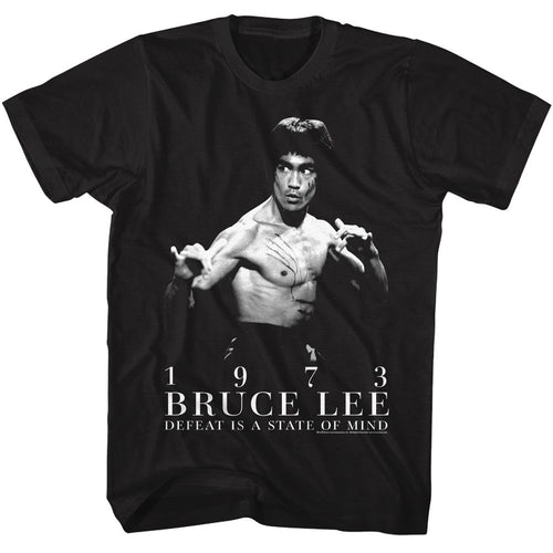 Black Bruce Lee t-shirt featuring Bruce Lee State Of Mind defeat quote design
