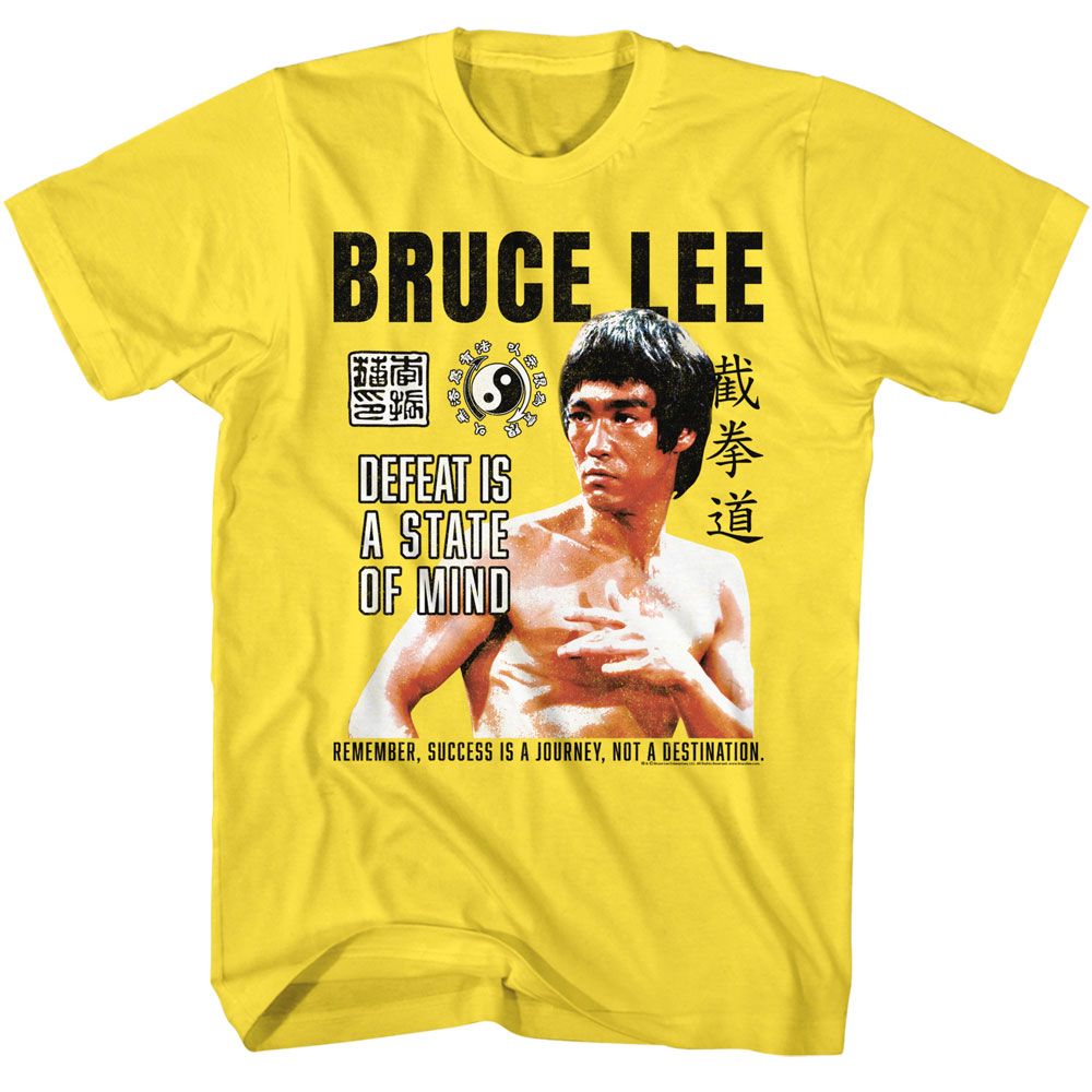 Yellow Bruce Lee t-shirt featuring Bruce Lee Defeat State Of Mind martial arts design
