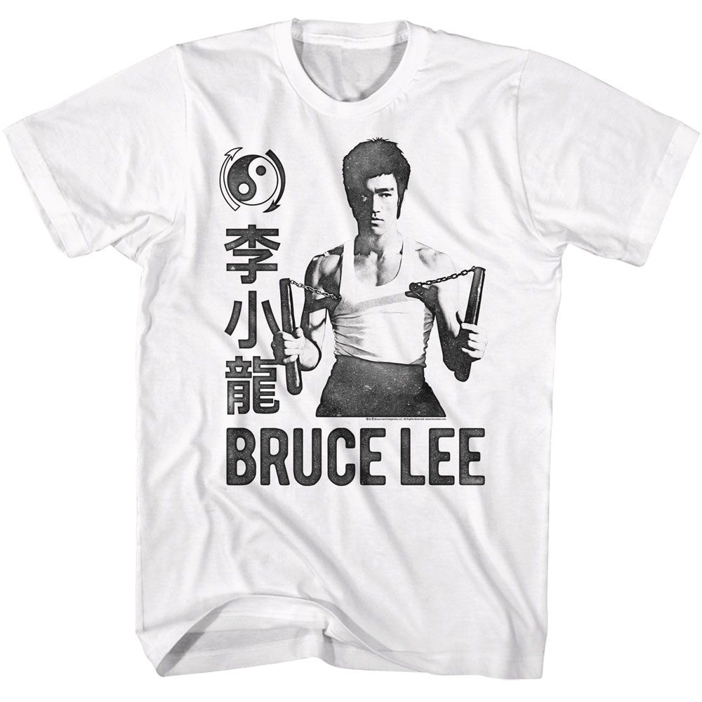 White Bruce Lee t-shirt featuring Bruce Lee Monochrome Stacking martial arts design