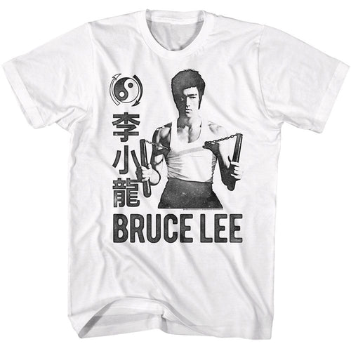 White Bruce Lee t-shirt featuring Bruce Lee Monochrome Stacking martial arts design