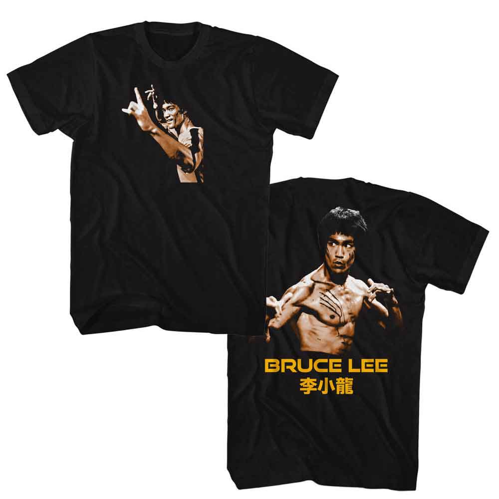 Black Bruce Lee t-shirt featuring Bruce Lee Fighting Stance front and back design