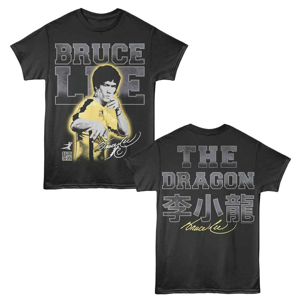 Smoke gray Bruce Lee t-shirt featuring Bruce Lee The Dragon Large Font front and back design