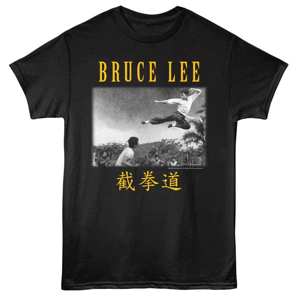 Black Bruce Lee t-shirt featuring Bruce Lee Flying Kick Landscape design