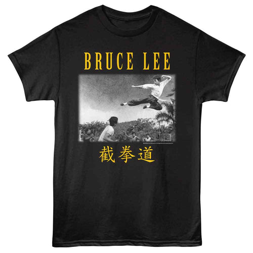 Black Bruce Lee t-shirt featuring Bruce Lee Flying Kick Landscape design