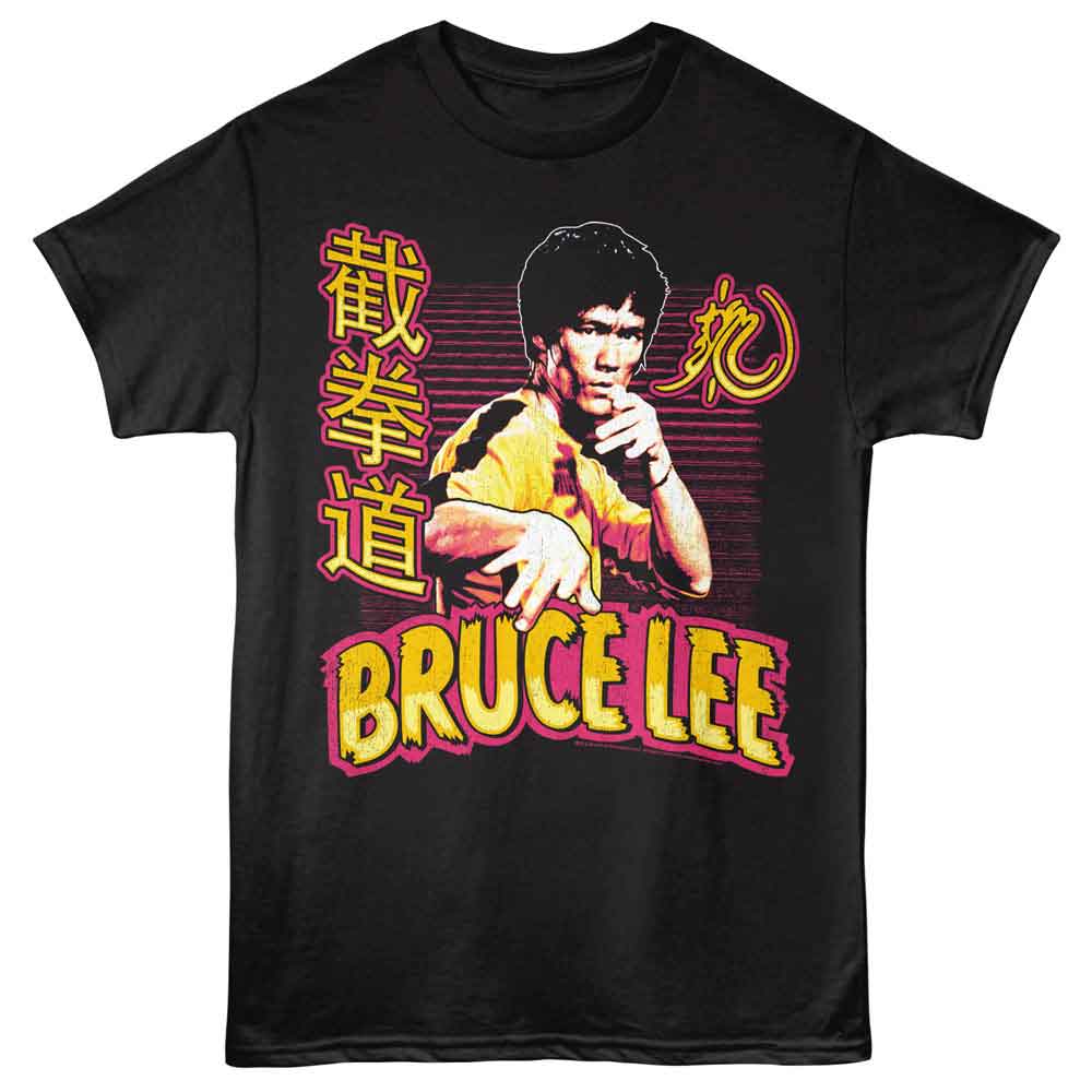 Black Bruce Lee t-shirt featuring Bruce Lee Bright Action martial arts design