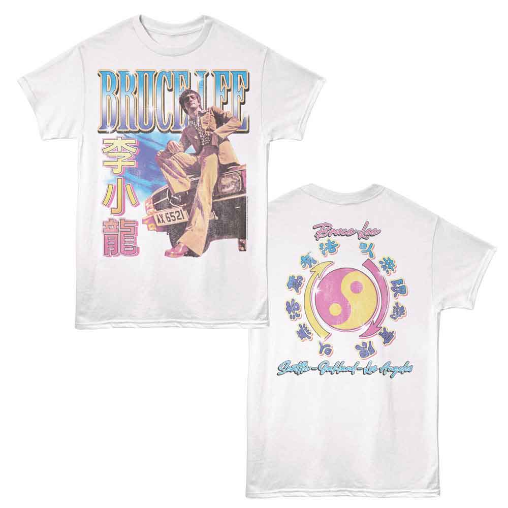White Bruce Lee t-shirt featuring Bruce Lee Jun Fan Car Sit design