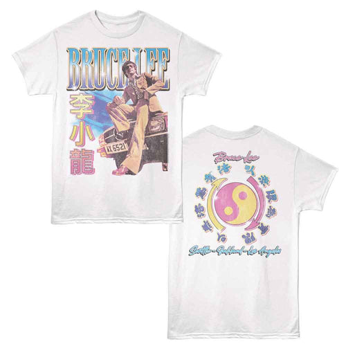 White Bruce Lee t-shirt featuring Bruce Lee Jun Fan Car Sit design