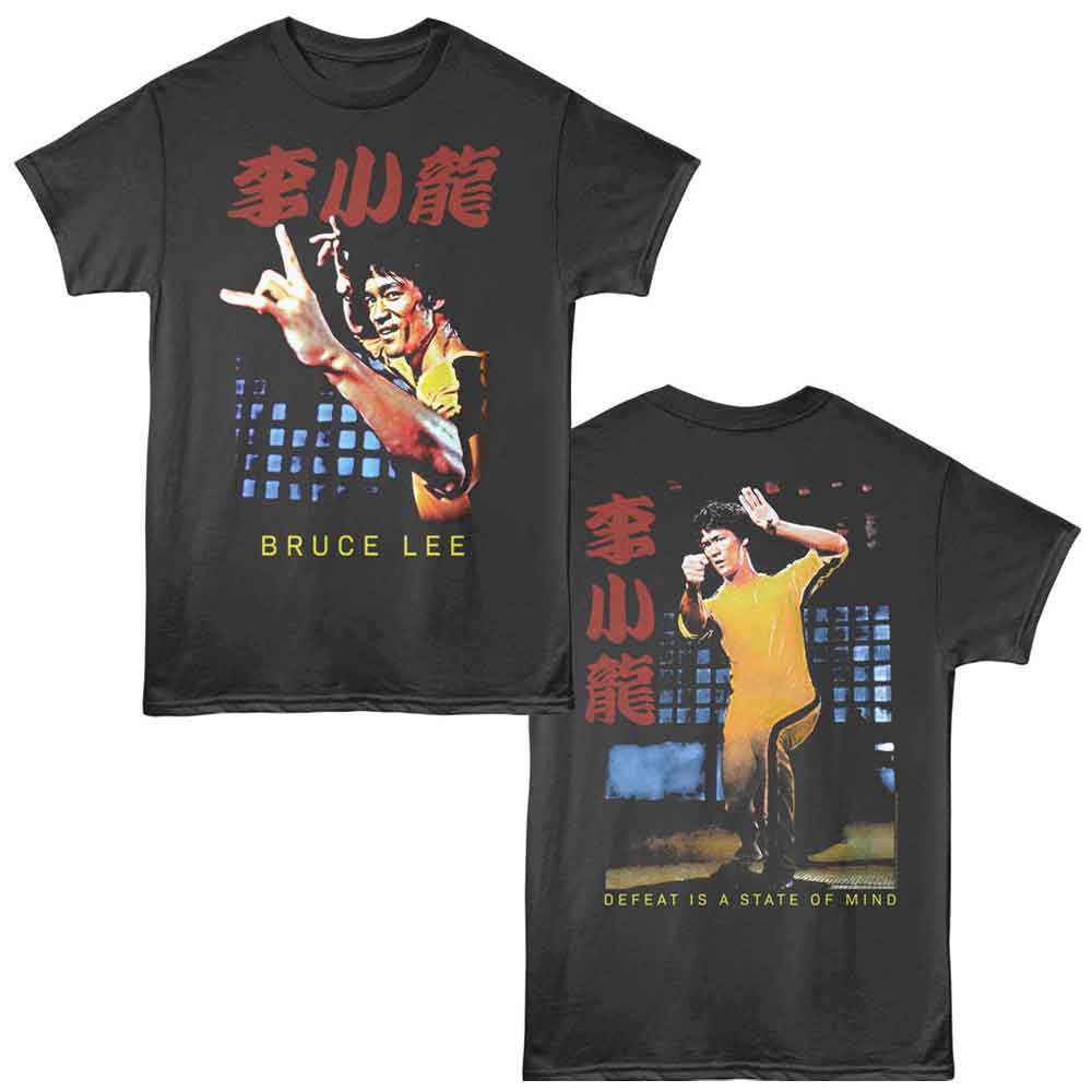 Smoke gray Bruce Lee t-shirt featuring Bruce Lee Yellow Tracksuit Jump Game Of Death front and back design