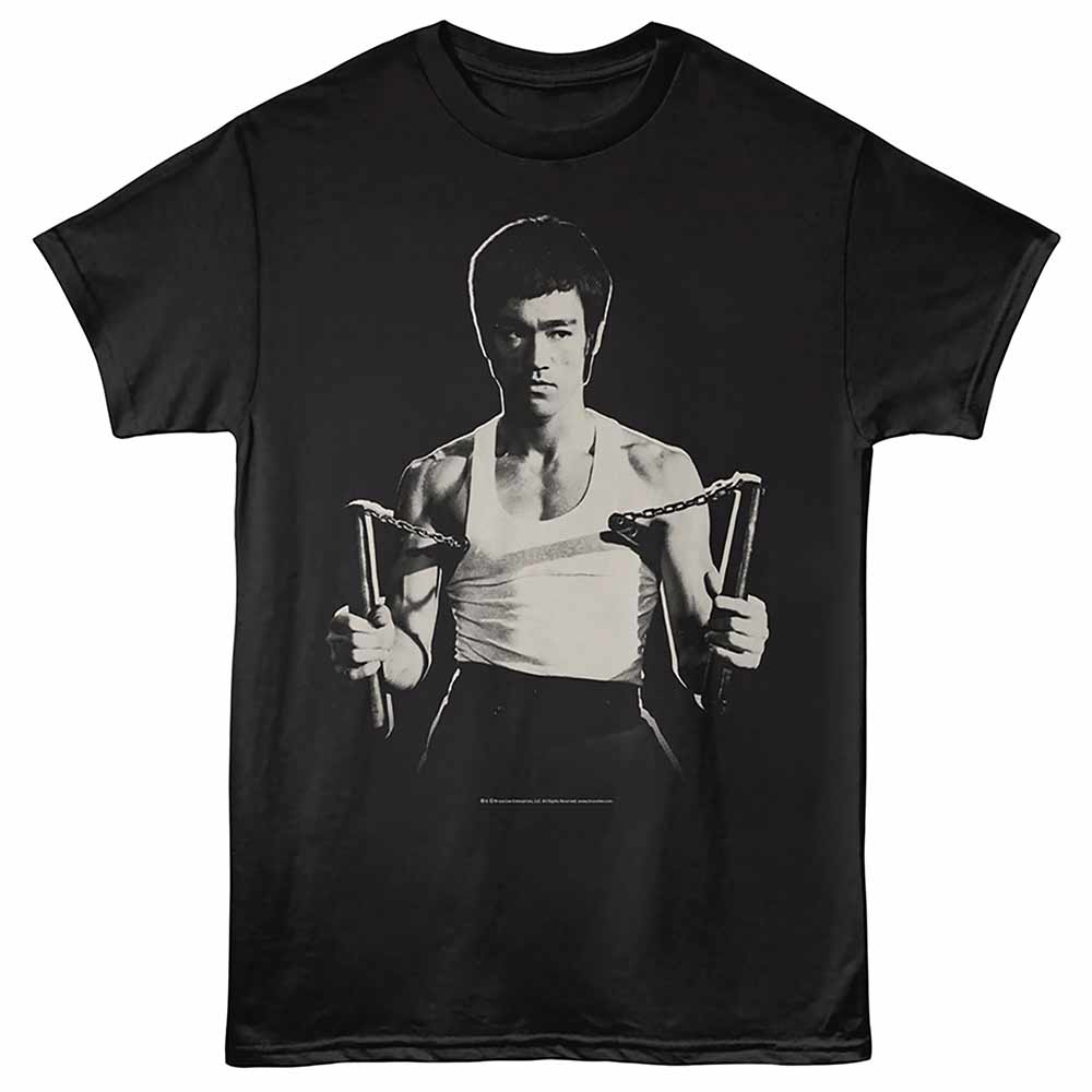 Black Bruce Lee t-shirt featuring Bruce Lee Dual Nunchucks martial arts design