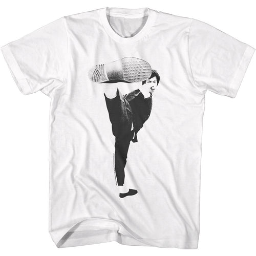 White Bruce Lee t-shirt featuring Bruce Lee Kick martial arts design
