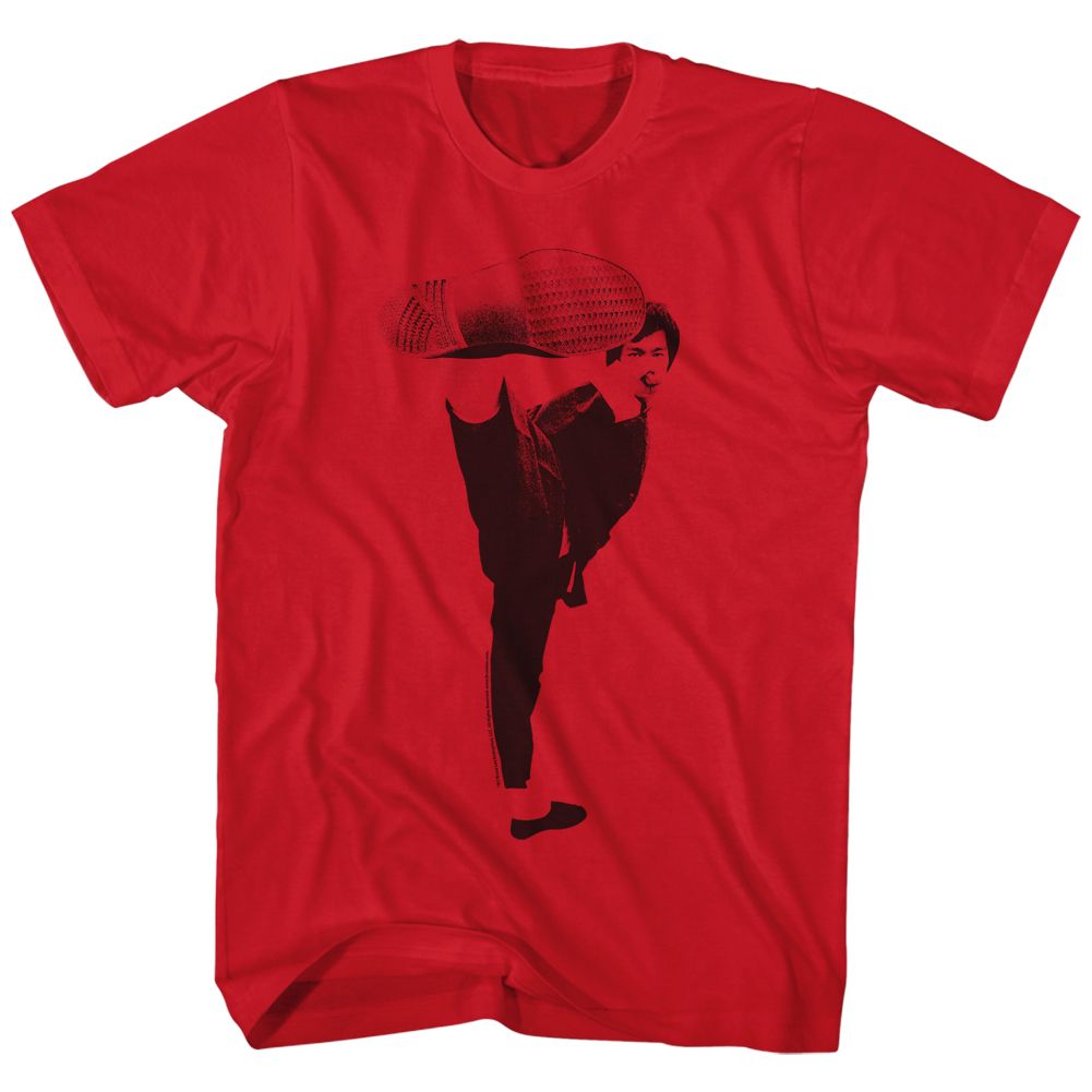 Red Bruce Lee t-shirt featuring Bruce Lee Kick martial arts design