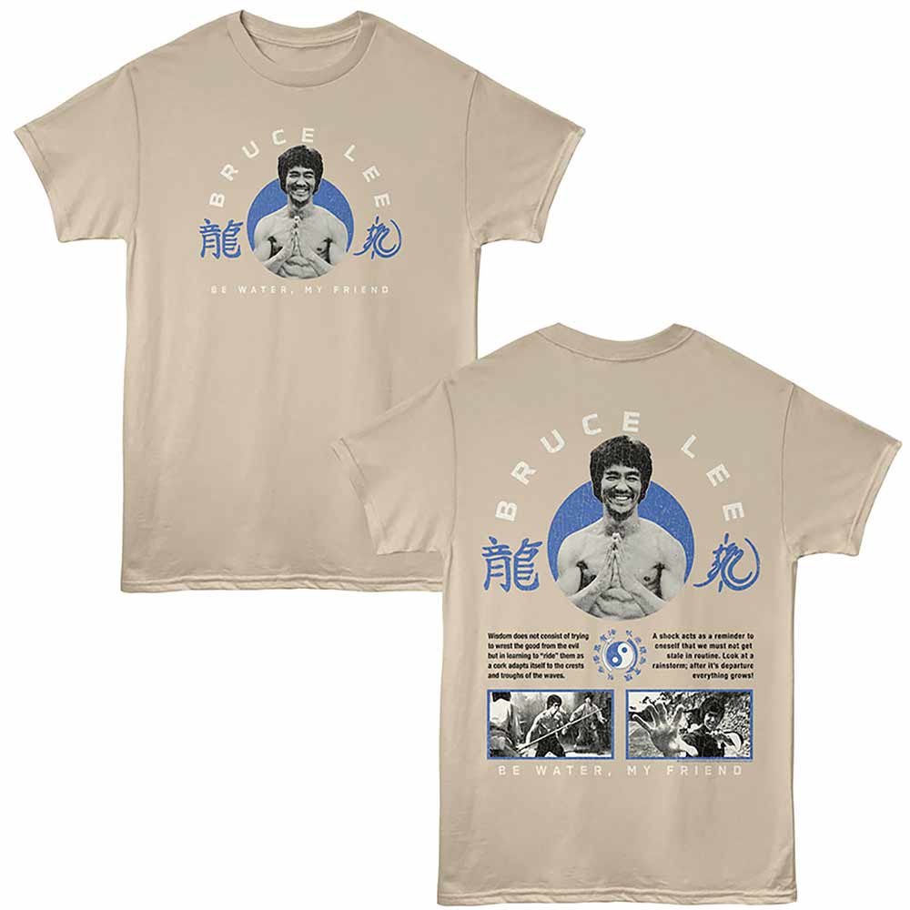 Sand Bruce Lee t-shirt featuring a Be Water My Friend design
