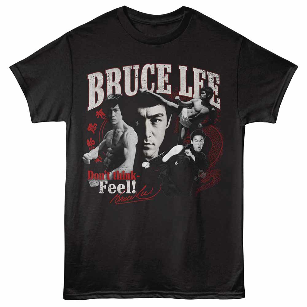 Black Bruce Lee t-shirt featuring a Don't Think Collage design