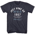 Navy heather Bruce Lee t-shirt featuring Bruce Lee Academy 67 martial arts design