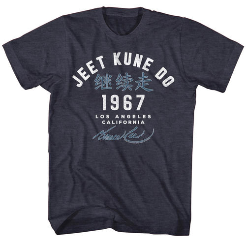 Navy heather Bruce Lee t-shirt featuring Bruce Lee Academy 67 martial arts design
