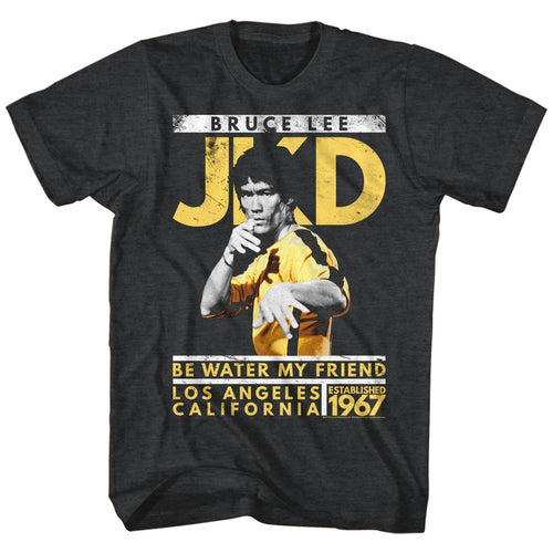 Black heather Bruce Lee t-shirt featuring Bruce Lee Jay Kay Dee martial arts design