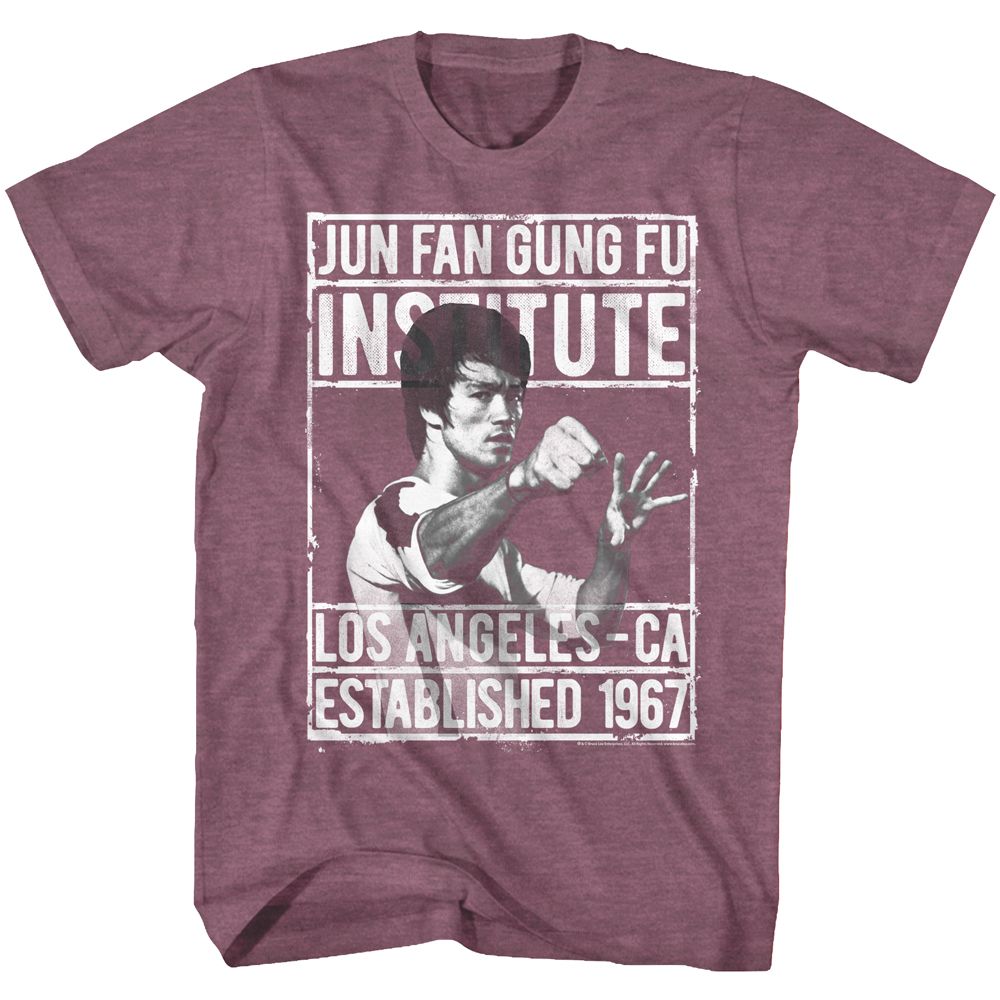 Vintage maroon heather Bruce Lee t-shirt featuring Bruce Lee Institute2 martial arts design