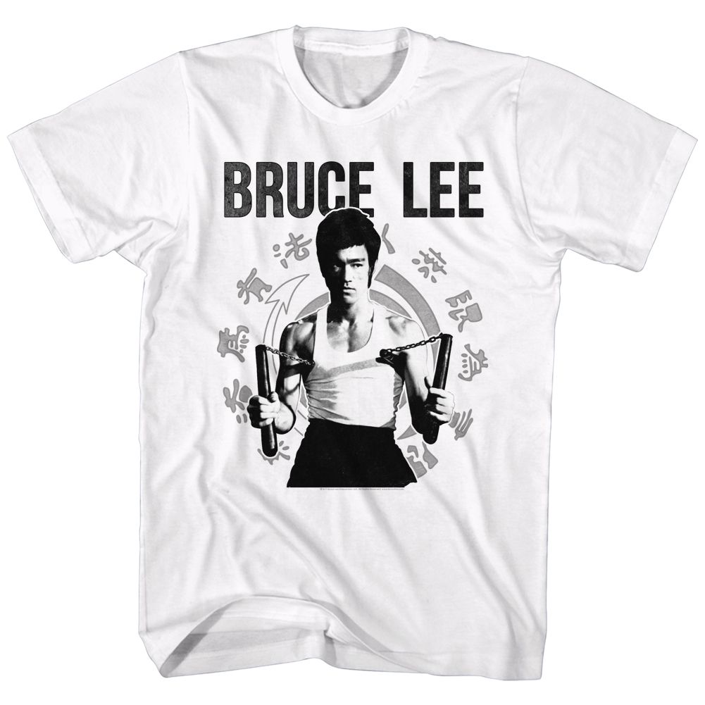 White Bruce Lee t-shirt featuring Bruce Lee Chucks nunchucks design