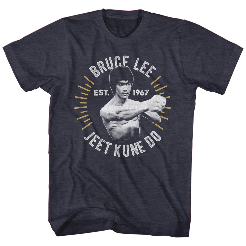 Navy heather Bruce Lee t-shirt featuring Bruce Lee Circle Burst martial arts design