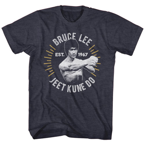 Navy heather Bruce Lee t-shirt featuring Bruce Lee Circle Burst martial arts design