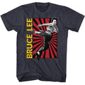 Navy heather Bruce Lee t-shirt featuring Bruce Lee Kick martial arts design