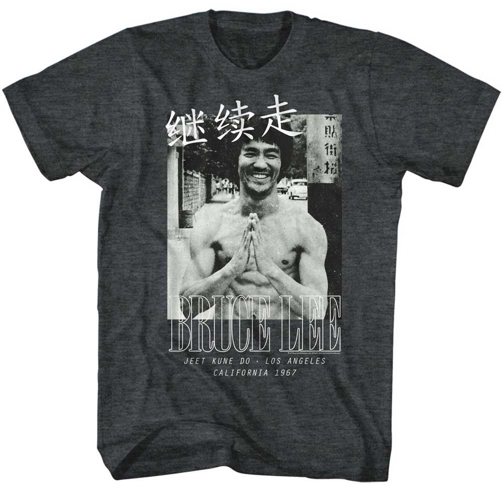 Black heather Bruce Lee t-shirt featuring Bruce Lee Brucelines martial arts design